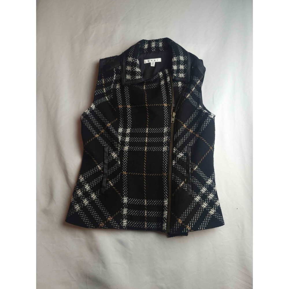 CAbi Moto Vest Womens Small Black Plaid Wool Blend Side Zip Faux Leather Trim